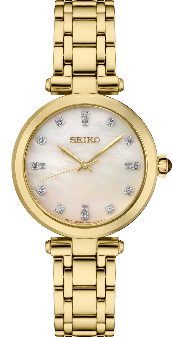 Seiko Women`s Diamonds Mop Dial Gold Tone Bracelet Watch SRZ536