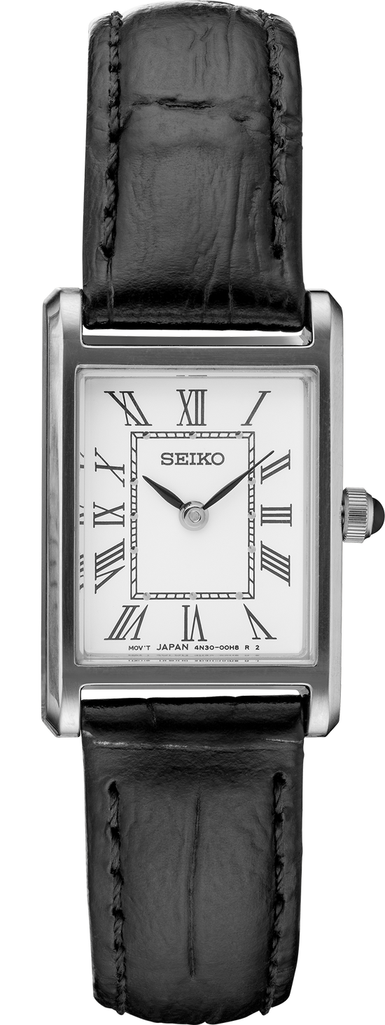 Seiko Essentials Quartz White Dial Stainless Steel Case Black Leather Band Women's Watch SWR053