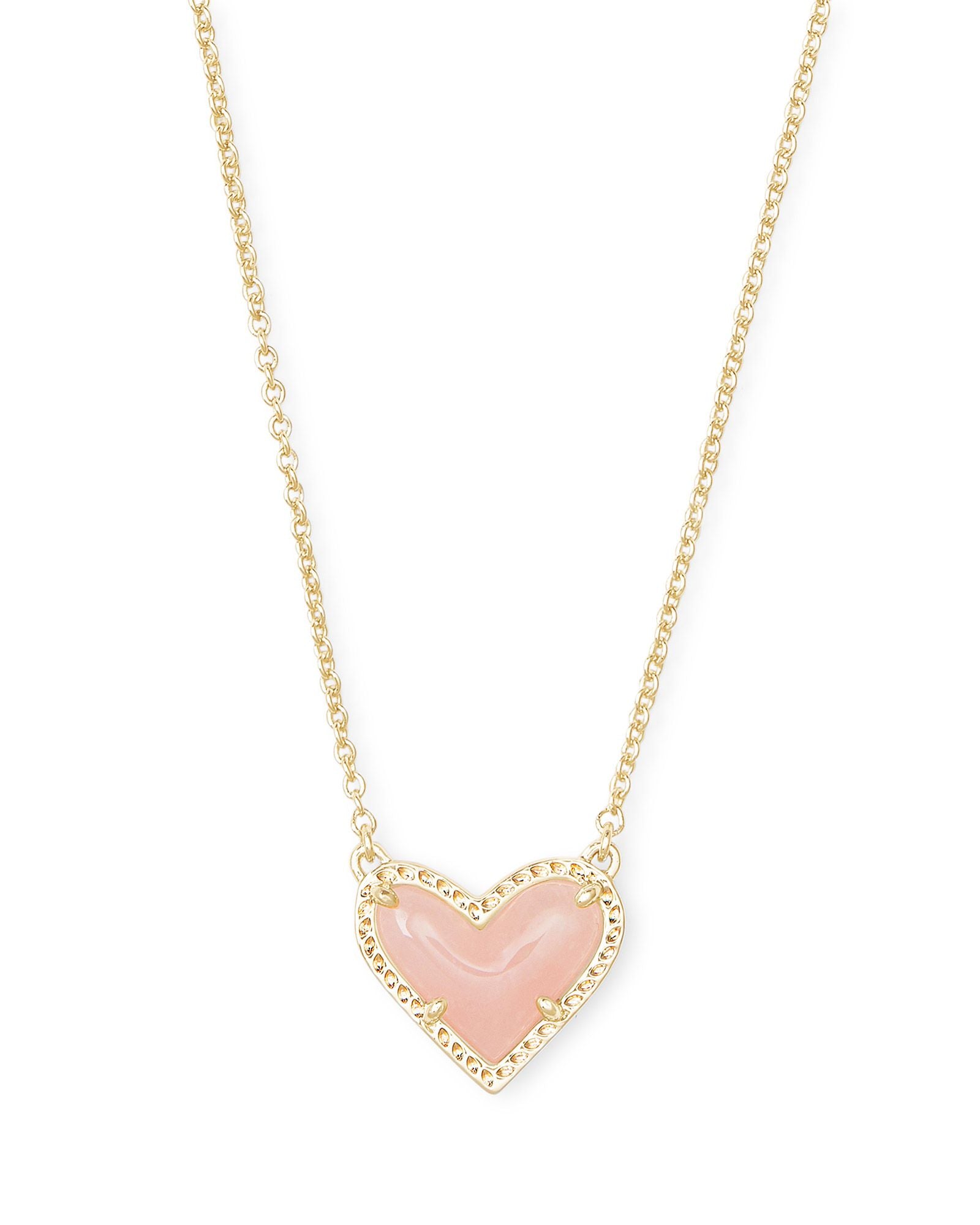 Kendra Scott ARI HEART SHORT PENDANT NECKLACE 4217717841 N1337RHD 0.49' L x 0.57' W pendant on 15'L chain + 2' extender GOLD ROSE QUARTZ