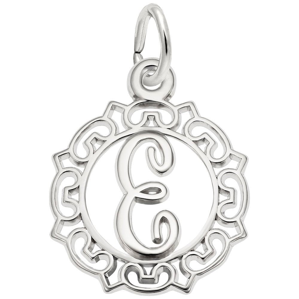 Ornate Script Initial E Charm - Elegant Personalized Jewelry 0817-005