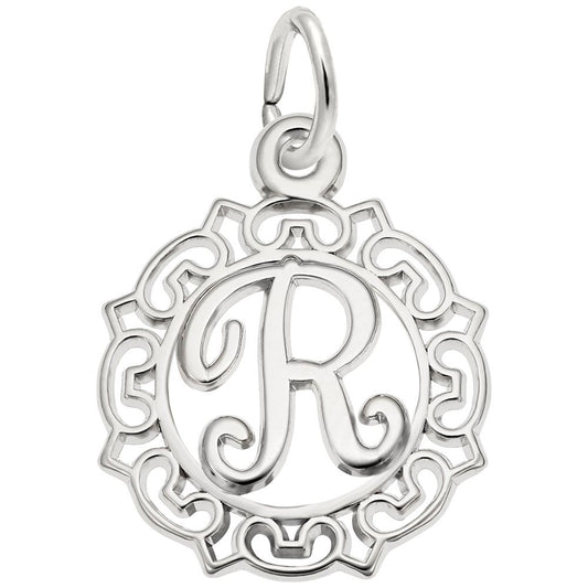 Ornate Script Initial 'R' Charm - Elegant Personalized Jewelry 0817-018