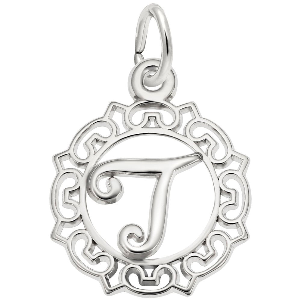 Ornate Script Initial 'T' Charm - Elegant Personalized Jewelry 0817-020