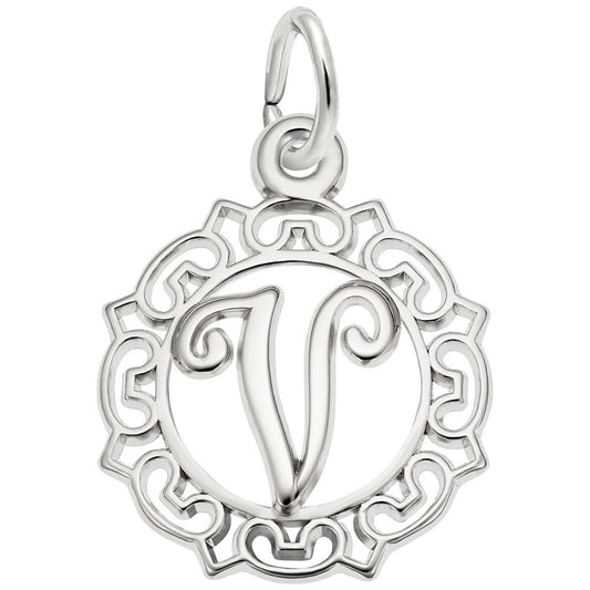 Ornate Script Initial V Charm - Elegant Personalized Jewelry 0817-022