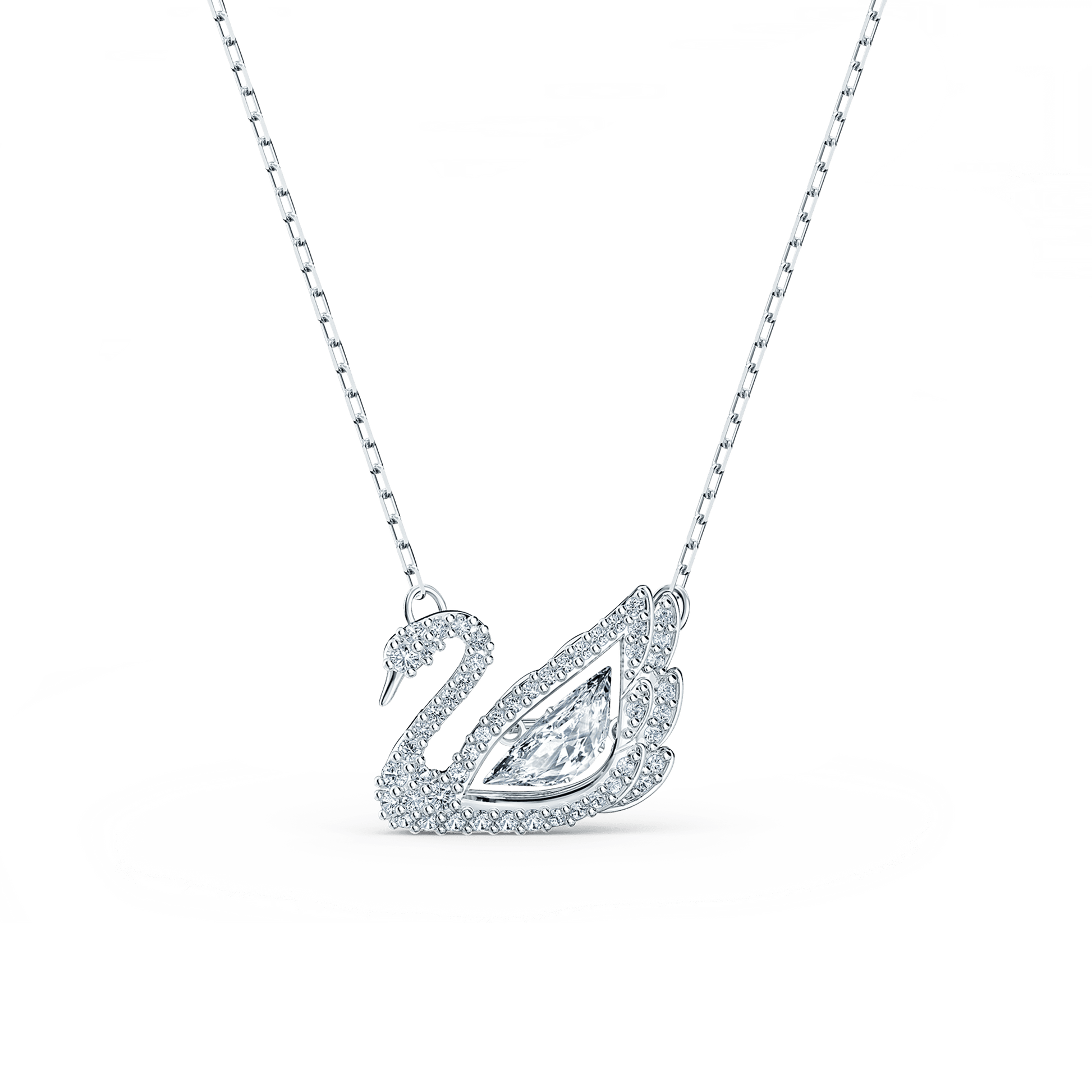 Swan necklace, Dancing swan, White, Rhodium plated