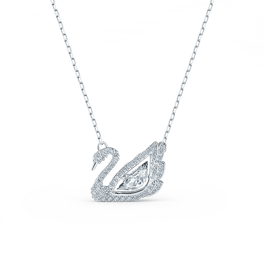 Swan necklace, Dancing swan, White, Rhodium plated