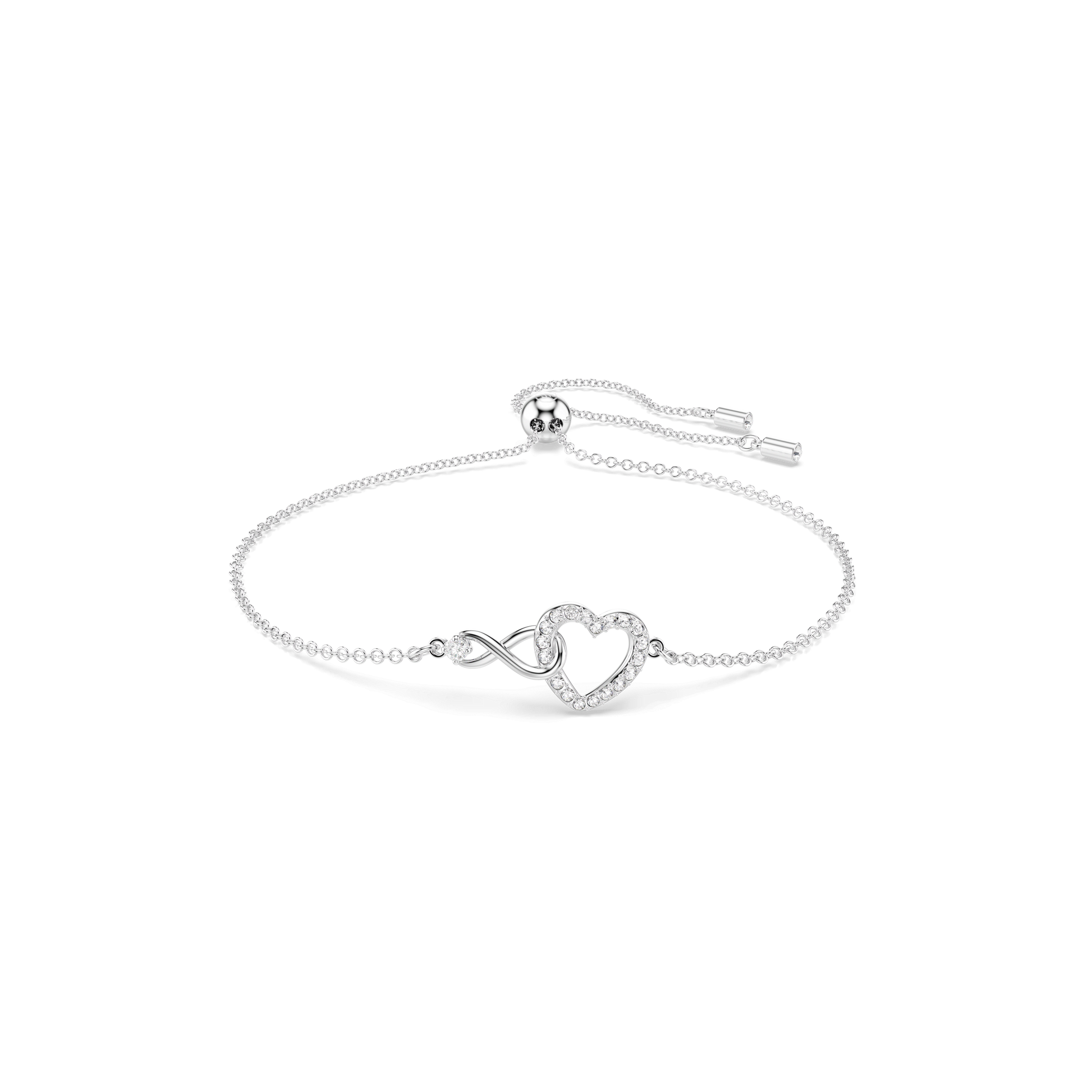 Hyperbola bracelet, Infinity and heart, White, Rhodium plated