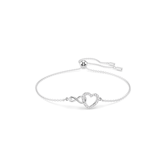 Hyperbola bracelet, Infinity and heart, White, Rhodium plated