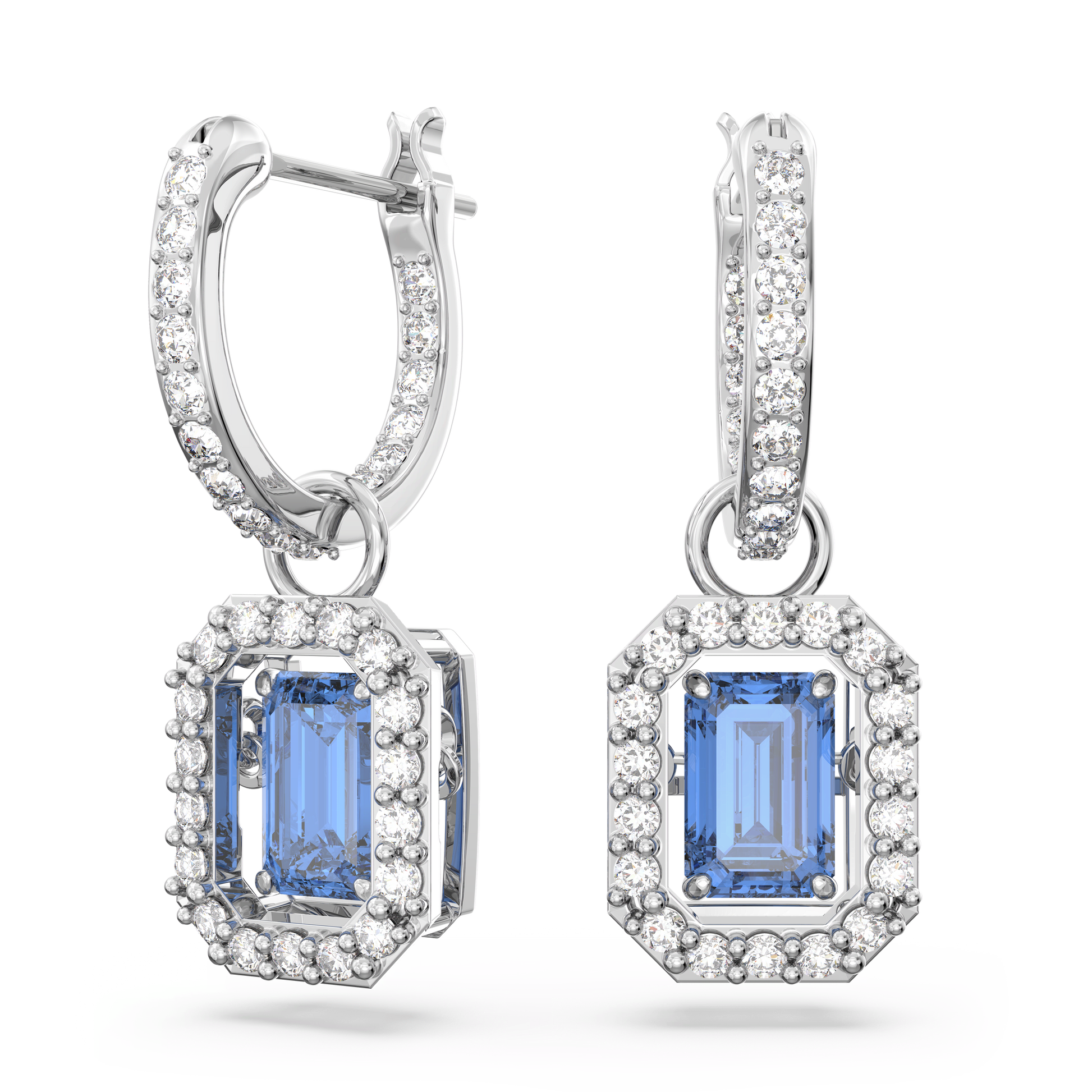 Una drop earrings, Octagon cut, Blue, Rhodium plated