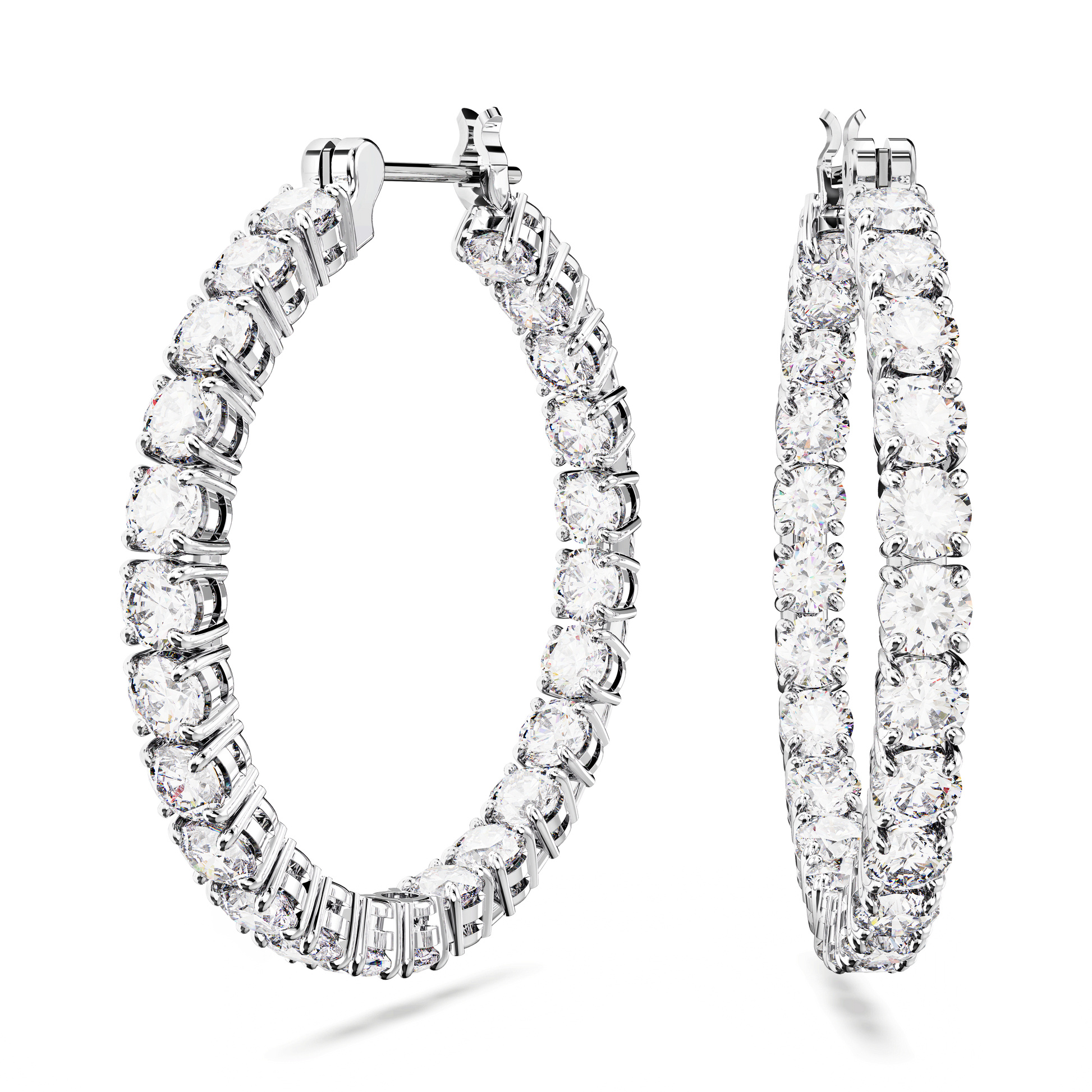 Matrix hoop earrings, Round cut, White, Rhodium plated