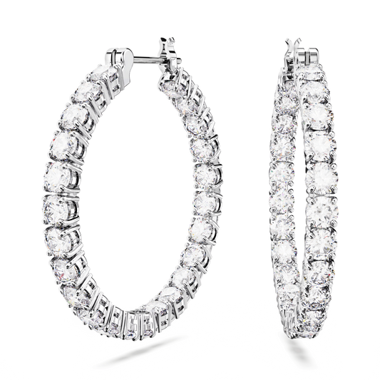 Matrix hoop earrings, Round cut, White, Rhodium plated