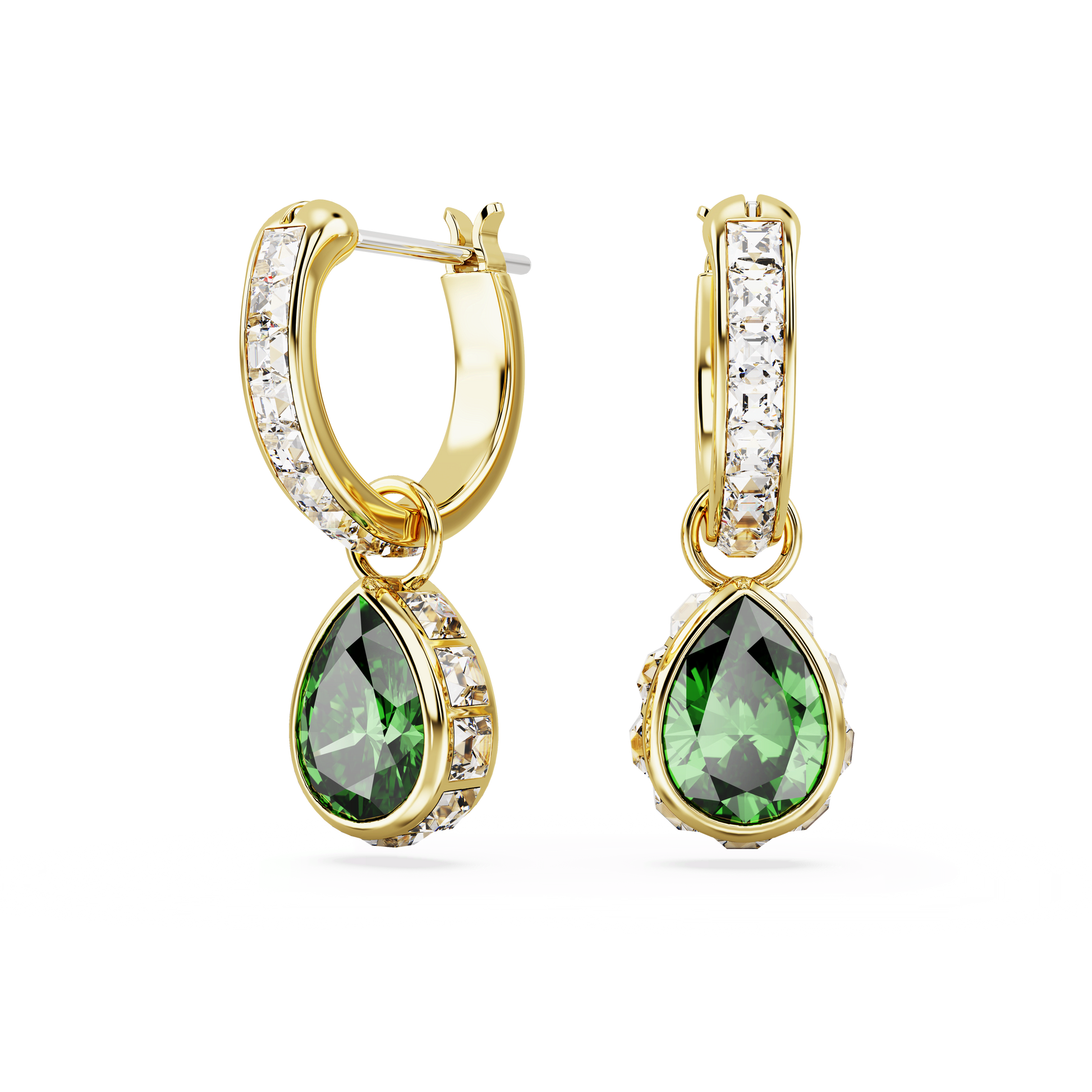 Chroma drop earrings, Pear cut, Green, 18K gold finish