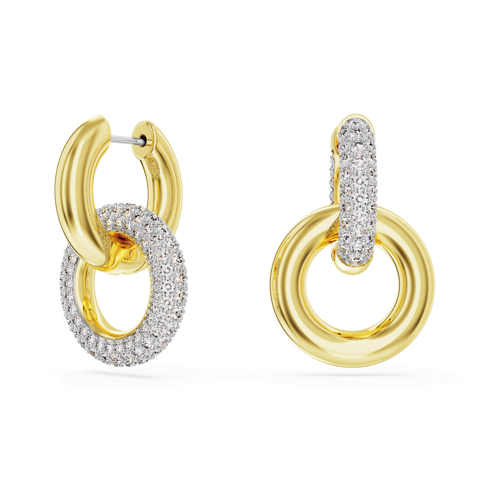 Dextera hoop earrings, Asymmetrical design, Interlocking loop, White, 18K gold finish