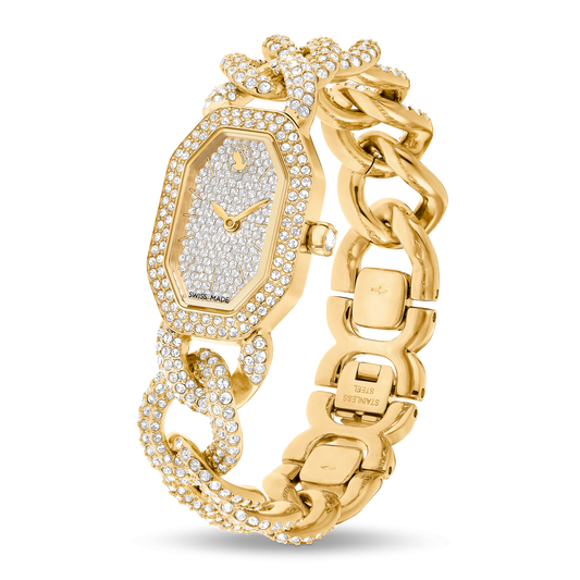 Dextera chain watch, Swiss Made, Crystal bracelet, Gold tone, Gold-tone finish