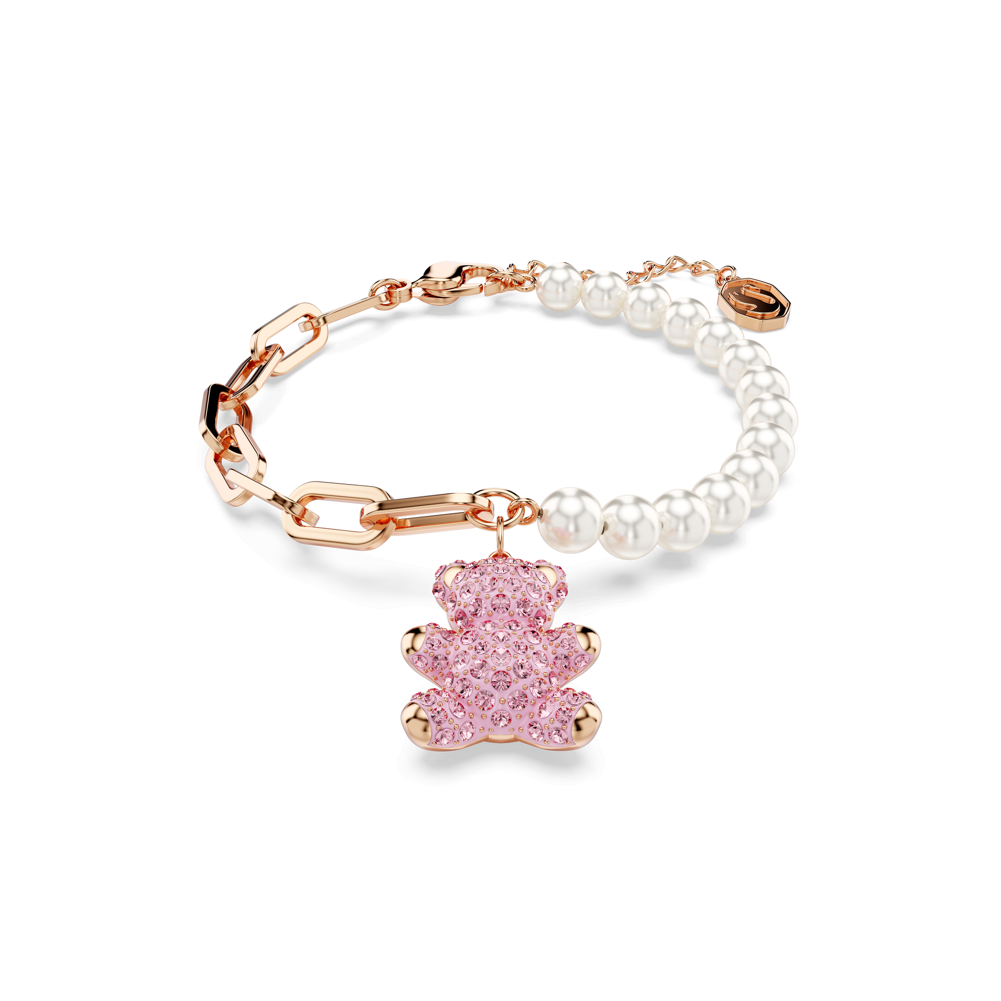 Teddy bracelet, Crystal pearl, Bear, Pink, 18K rose gold finish