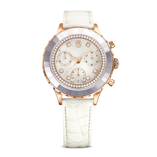 Swarovski Octea Chrono watch, Swiss Made, Leather strap, White, Rose gold-tone finish