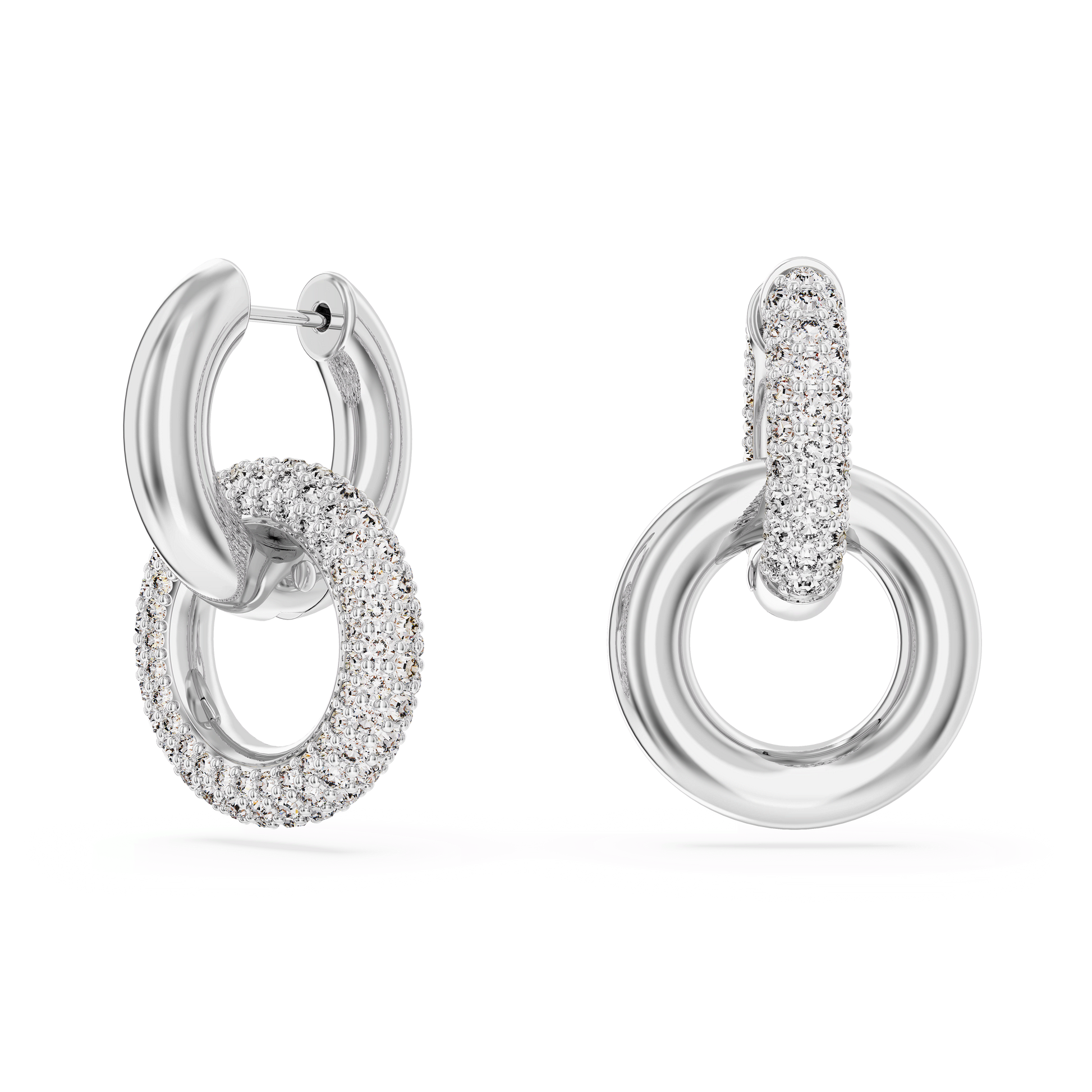 Dextera hoop earrings, Asymmetrical design, Interlocking loop, White, Rhodium plated