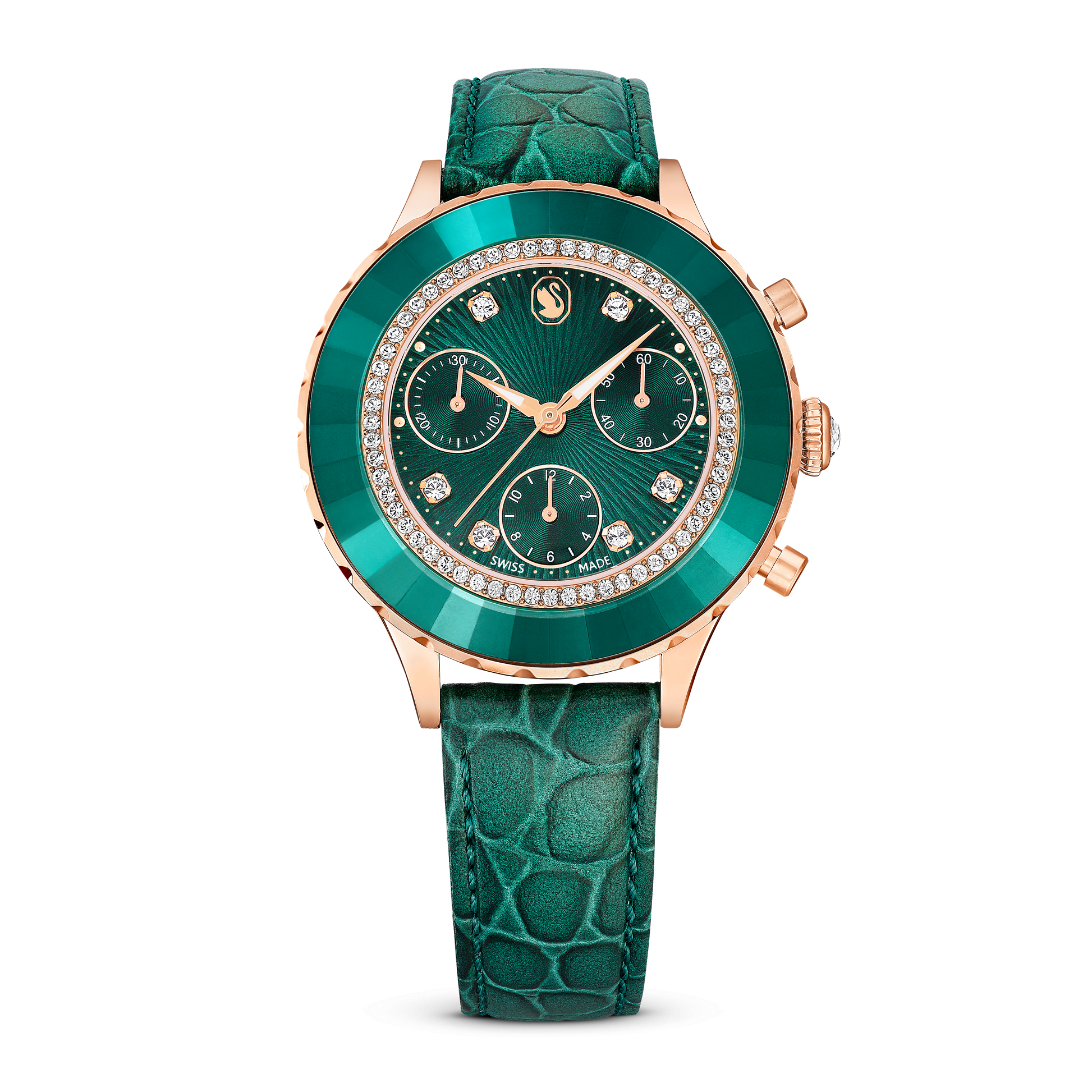 Octea chrono watch, Swiss Made, Leather strap, Green, Rose gold-tone finish