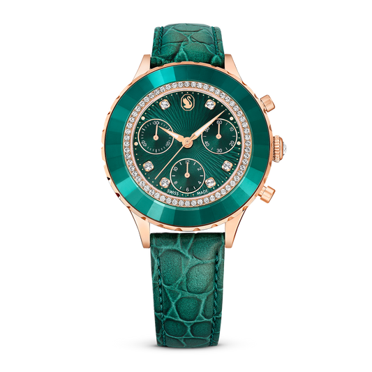 Swarovski Octea Chrono watch, Swiss Made, Leather strap, Green, Rose gold-tone finish