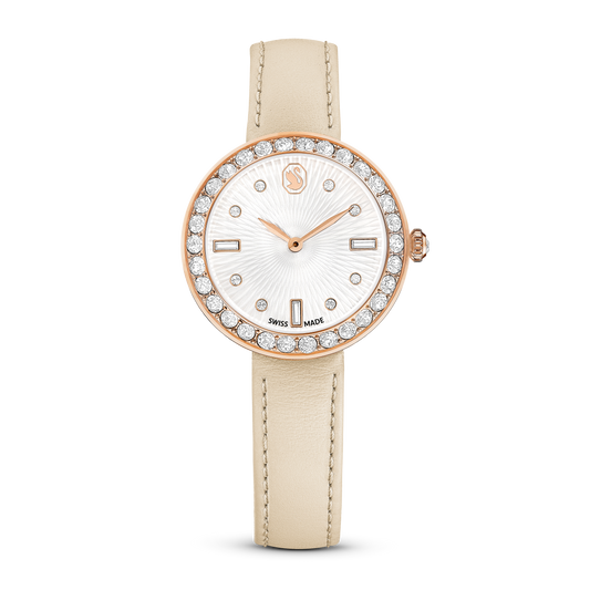 Swarovski Certa watch, Swiss Made, Leather strap, Beige, Rose gold-tone finish