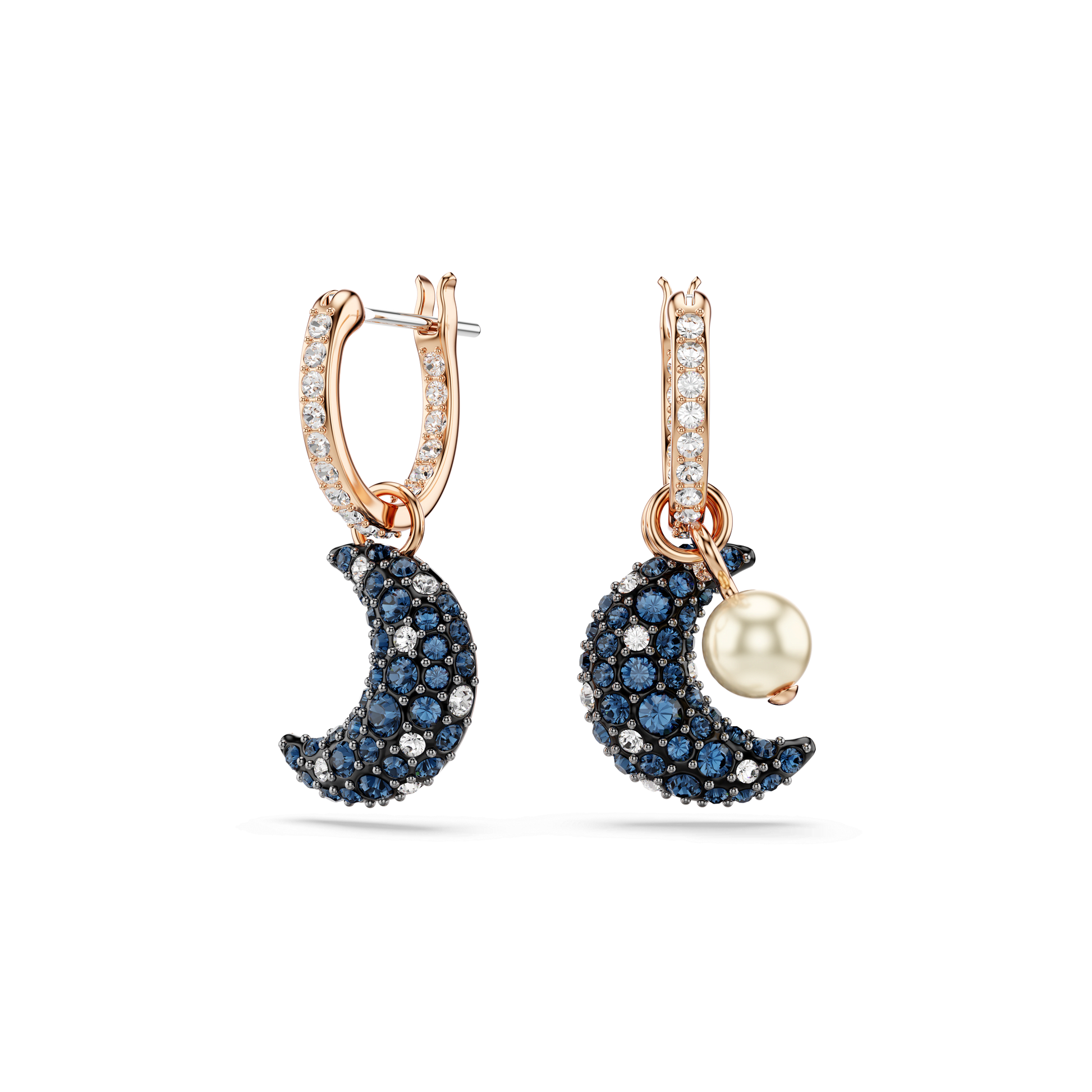 Sublima drop earrings, Crystal pearl, Asymmetrical design, Moon, Multicolored, 18K rose gold finish