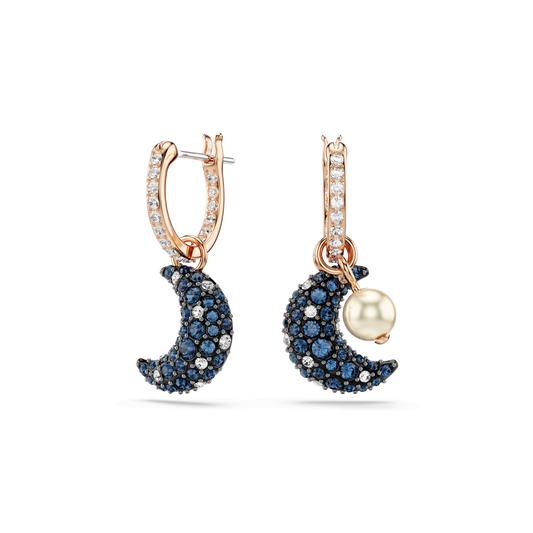 Sublima drop earrings, Crystal pearl, Asymmetrical design, Moon, Multicolored, 18K rose gold finish