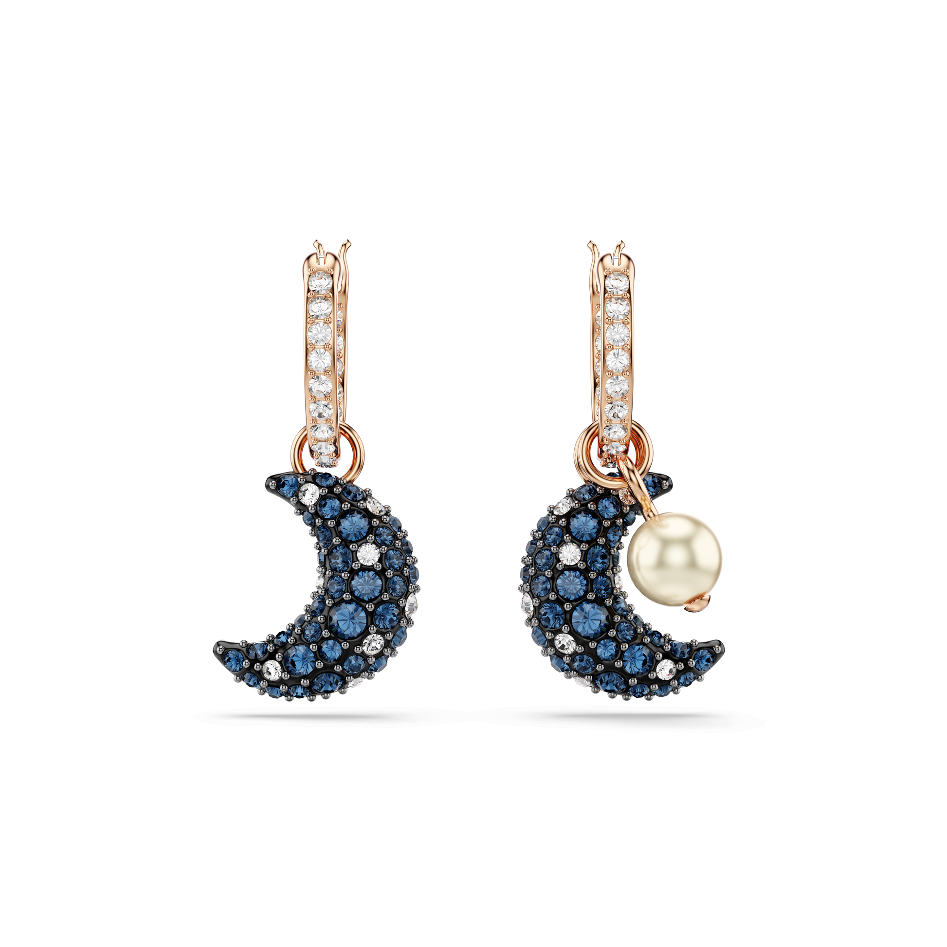Sublima drop earrings, Crystal pearl, Asymmetrical design, Moon, Multicolored, 18K rose gold finish