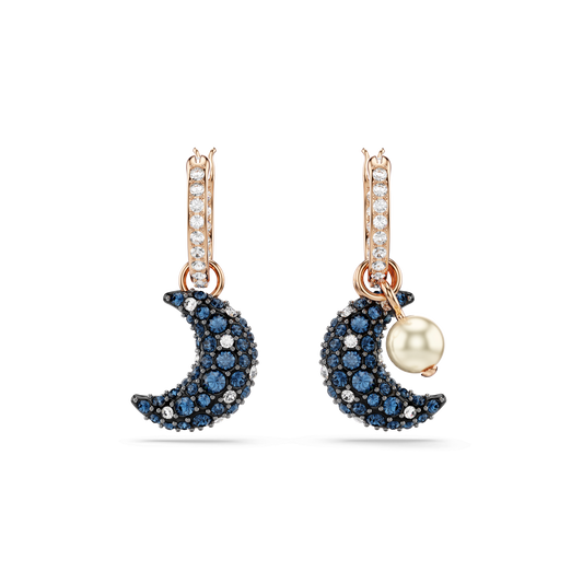 Sublima drop earrings, Crystal pearl, Asymmetrical design, Moon, Multicolored, 18K rose gold finish