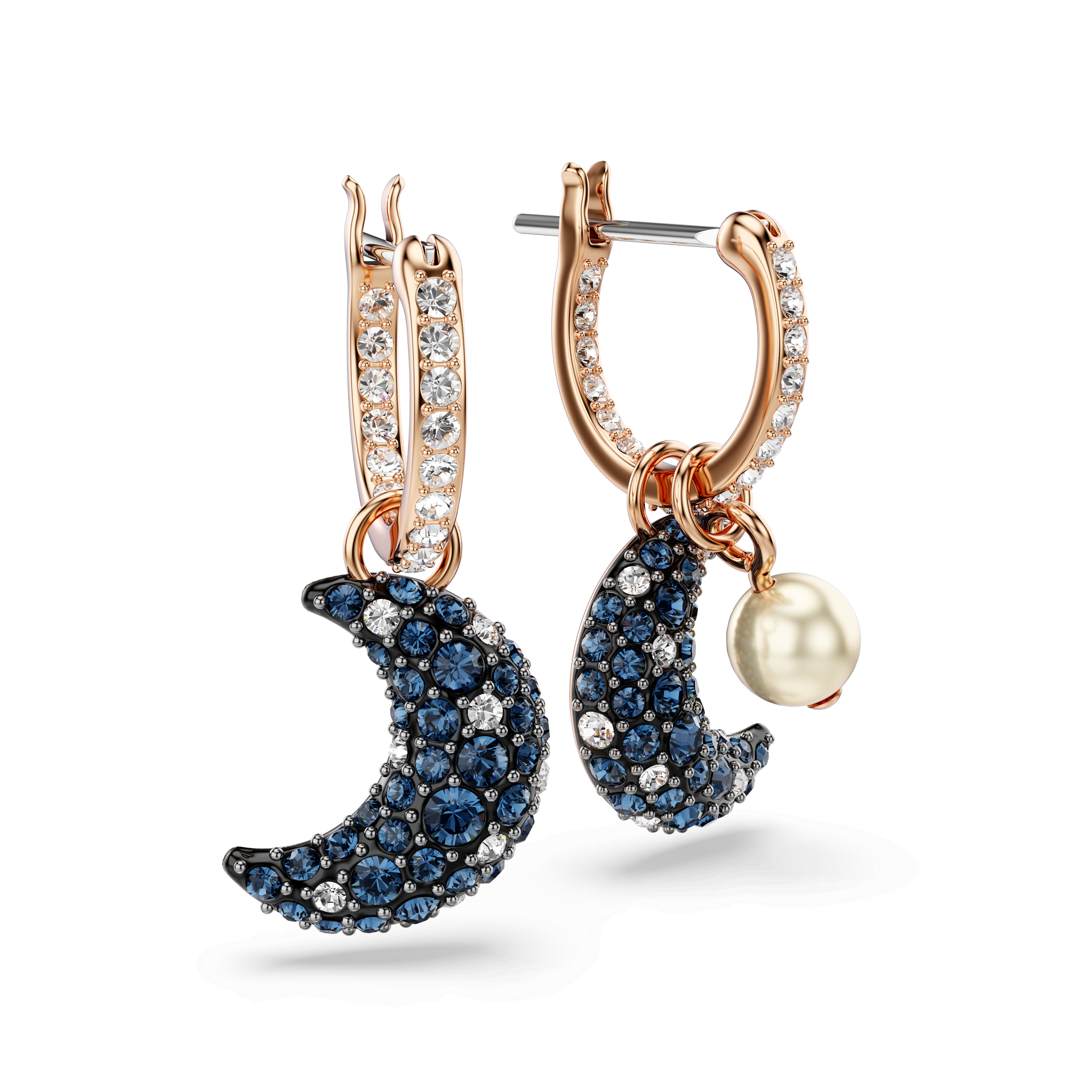 Sublima drop earrings, Crystal pearl, Asymmetrical design, Moon, Multicolored, 18K rose gold finish