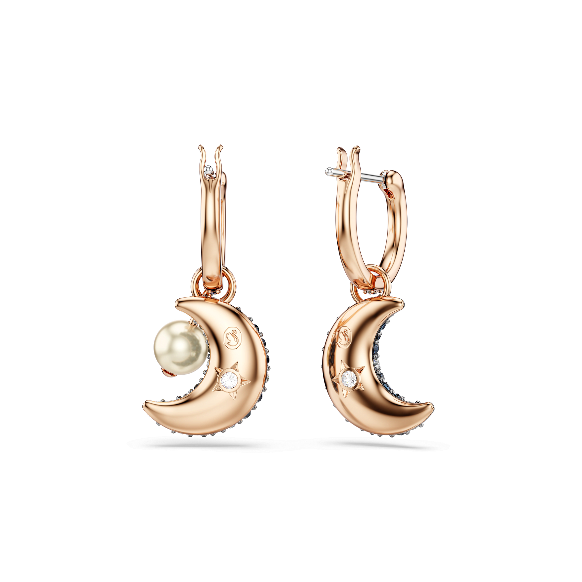 Sublima drop earrings, Crystal pearl, Asymmetrical design, Moon, Multicolored, 18K rose gold finish