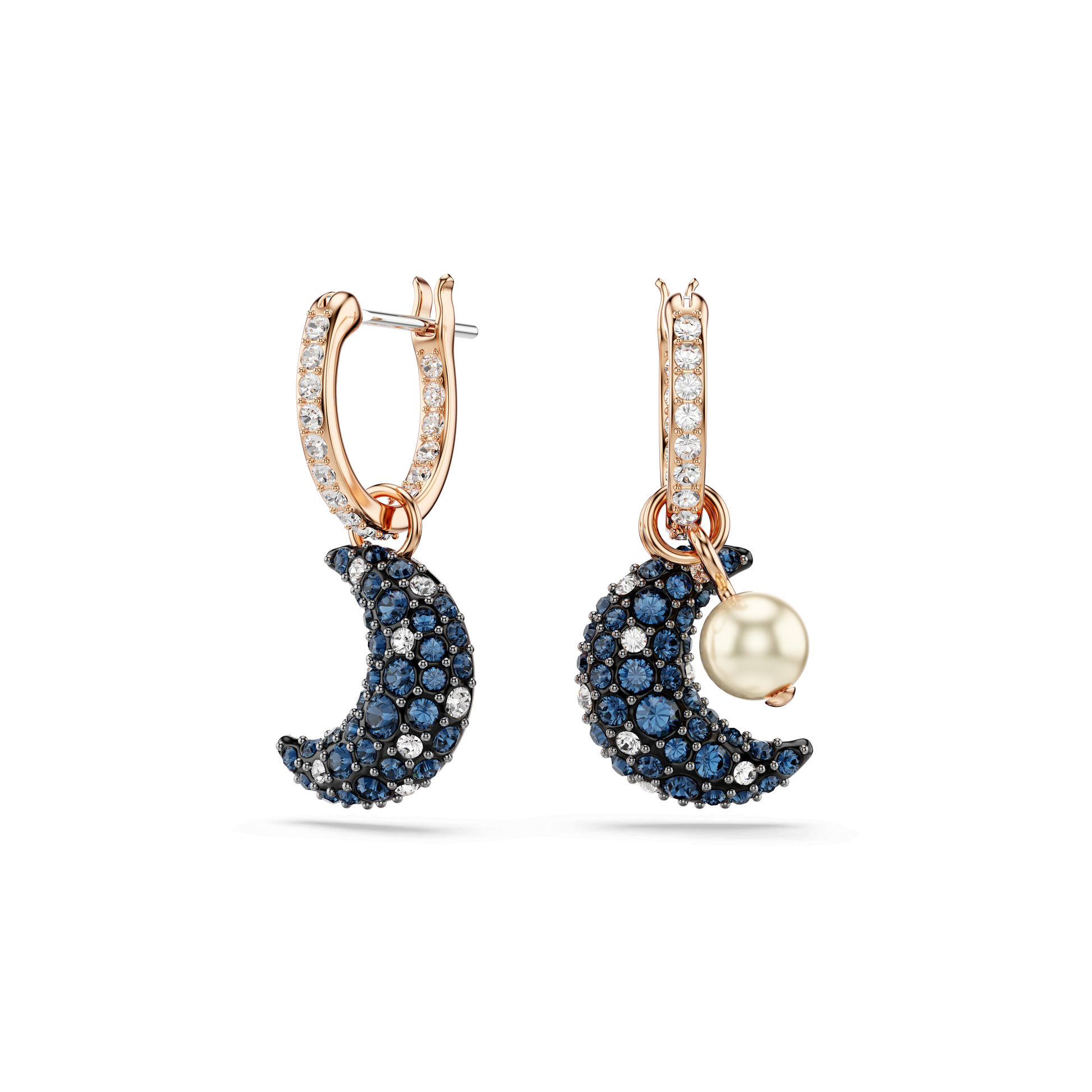 Sublima drop earrings, Crystal pearl, Asymmetrical design, Moon, Multicolored, 18K rose gold finish