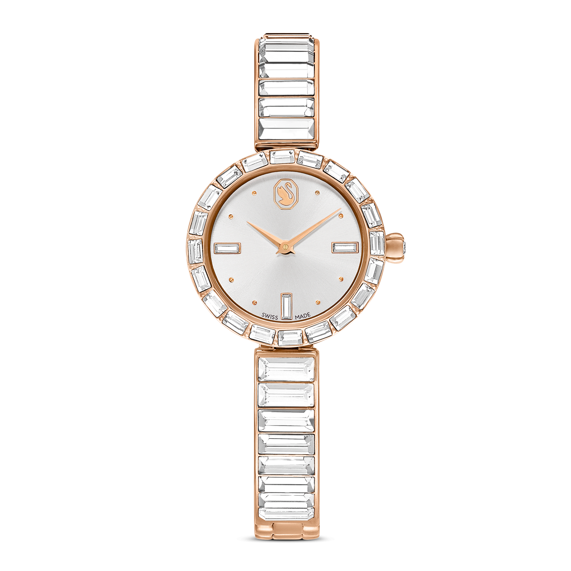 Matrix bangle watch, Swiss Made, Crystal bracelet, White, Rose gold-tone finish