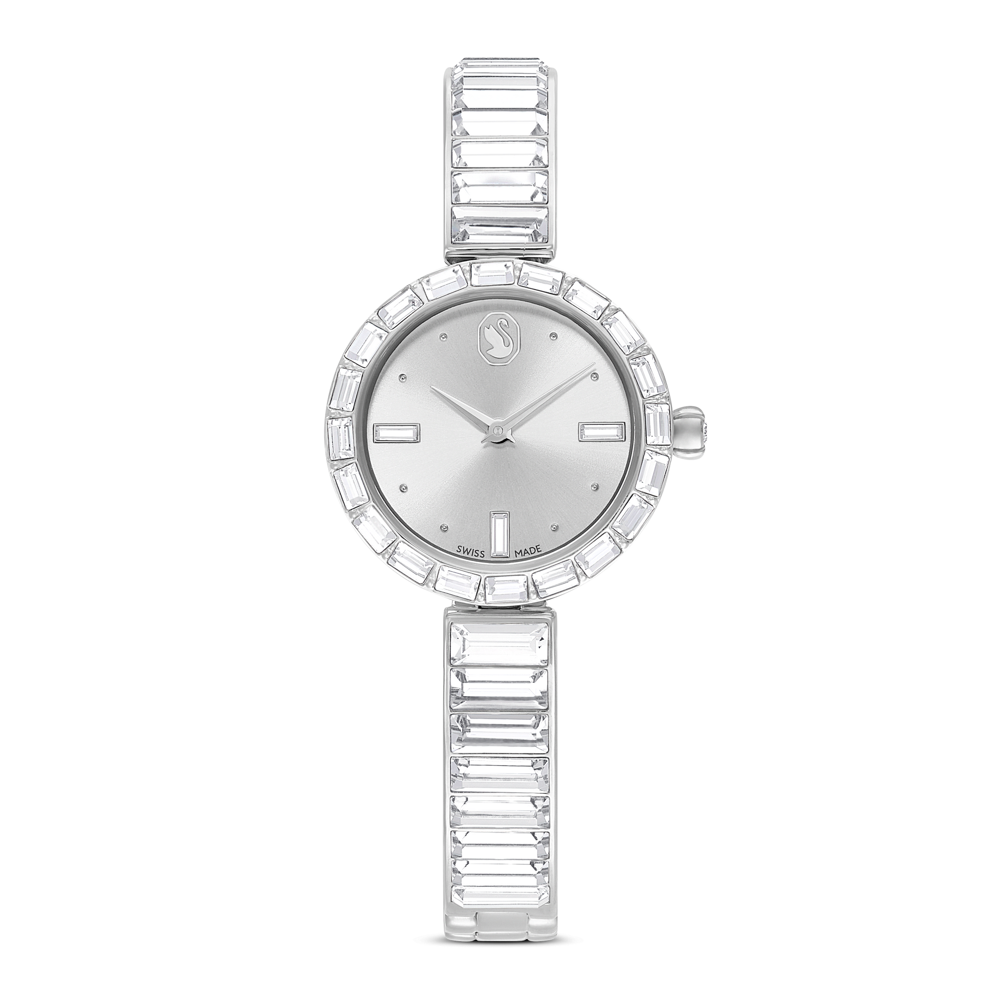 Matrix bangle watch, Swiss Made, Crystal bracelet, White, Stainless Steel