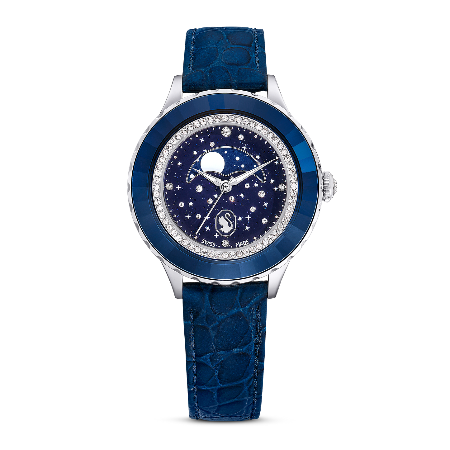 Swarovski Octea Moon watch, Swiss Made, Moon, Leather strap, Blue, Stainless steel