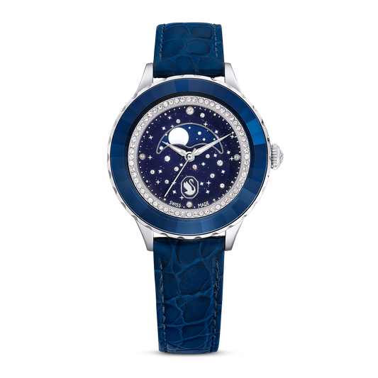 Swarovski Octea Moon watch, Swiss Made, Moon, Leather strap, Blue, Stainless steel