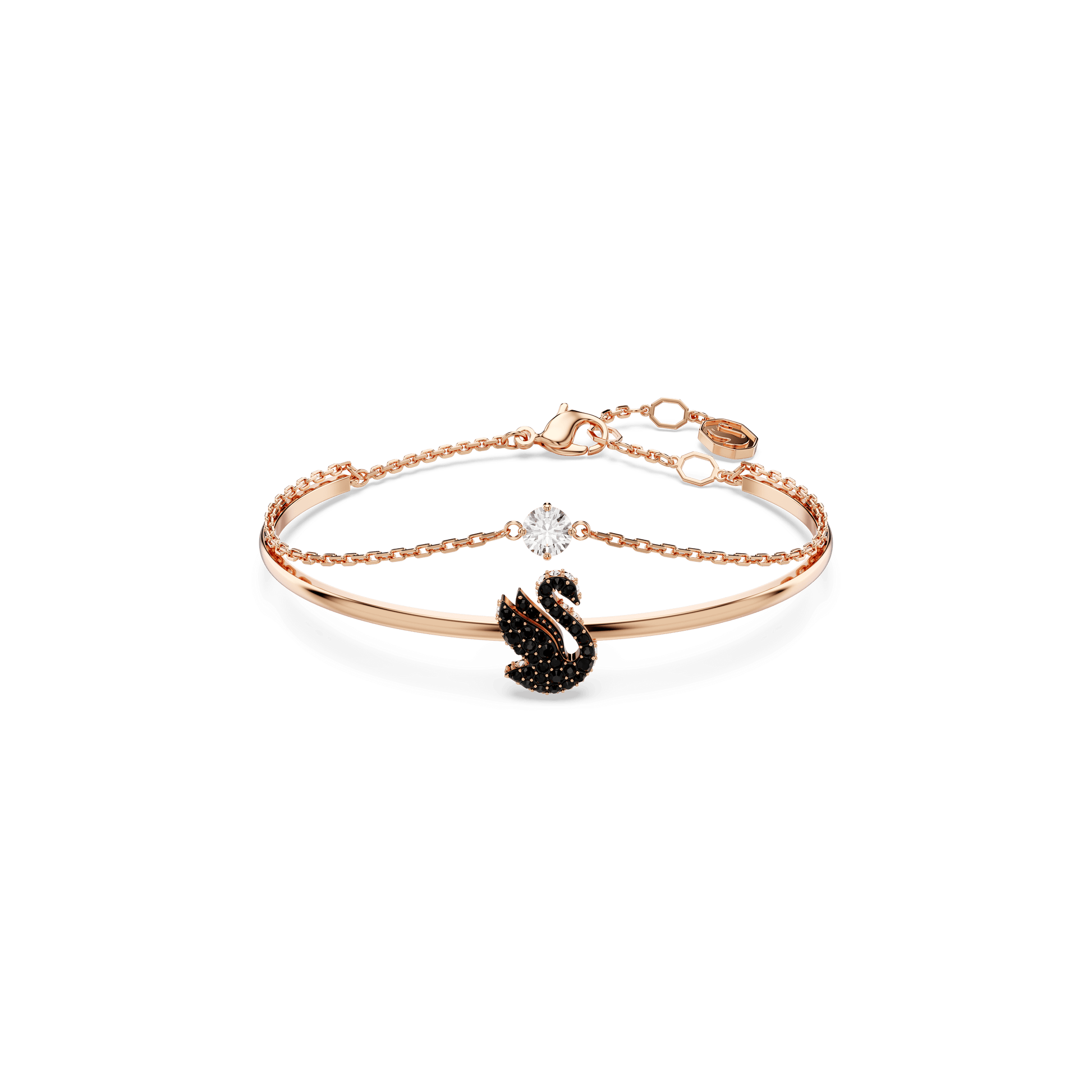 Swan bangle, Swan, Black, 18K rose gold finish