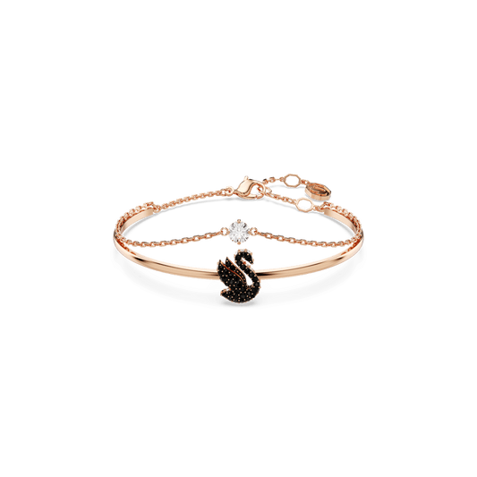 Swan bangle, Swan, Black, 18K rose gold finish