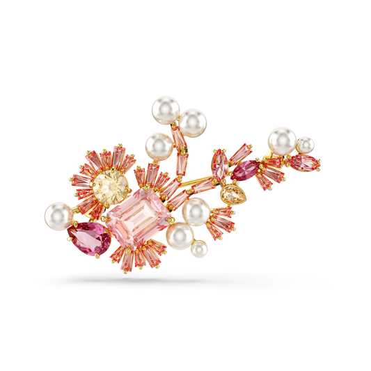 Swarovski Gema brooch, Crystal pearl, Mixed cuts, Flower, Pink, Gold-tone plated