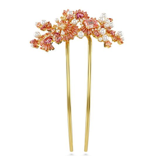 Gema hair clip, Crystal pearl, Mixed cuts, Flower, Pink, Gold-tone plated
