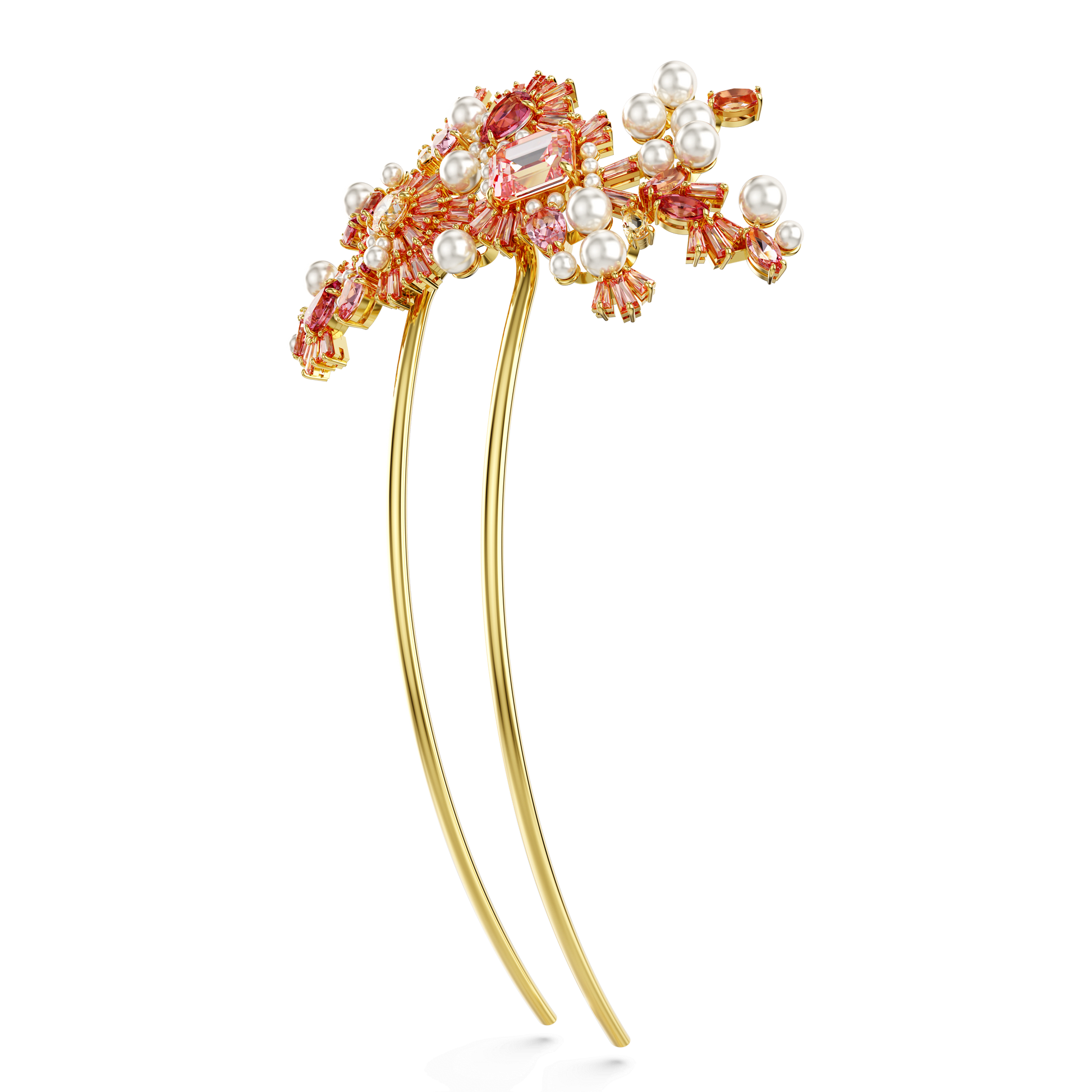 Gema hair clip, Crystal pearl, Mixed cuts, Flower, Pink, Gold-tone plated