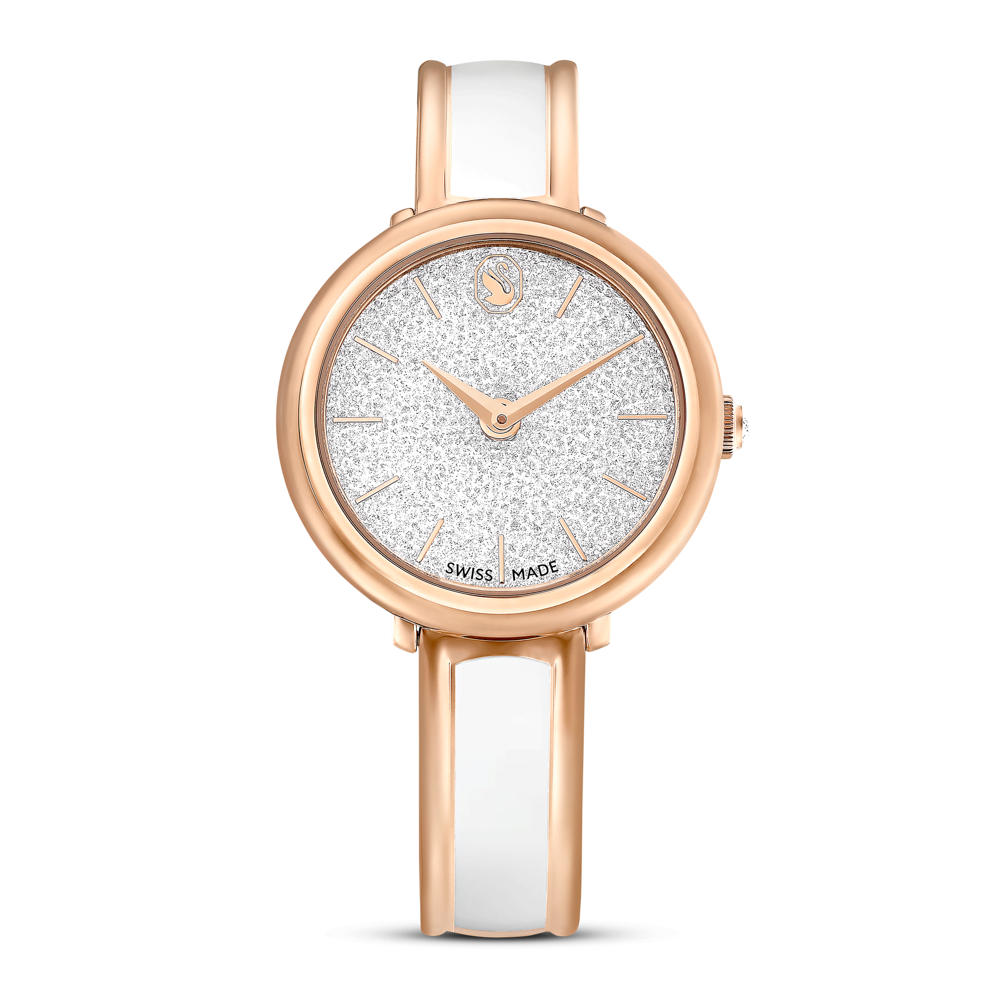 Crystalline bangle watch, Swiss Made, Metal bracelet, White, Rose gold-tone finish