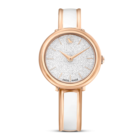 Crystalline bangle watch, Swiss Made, Metal bracelet, White, Rose gold-tone finish