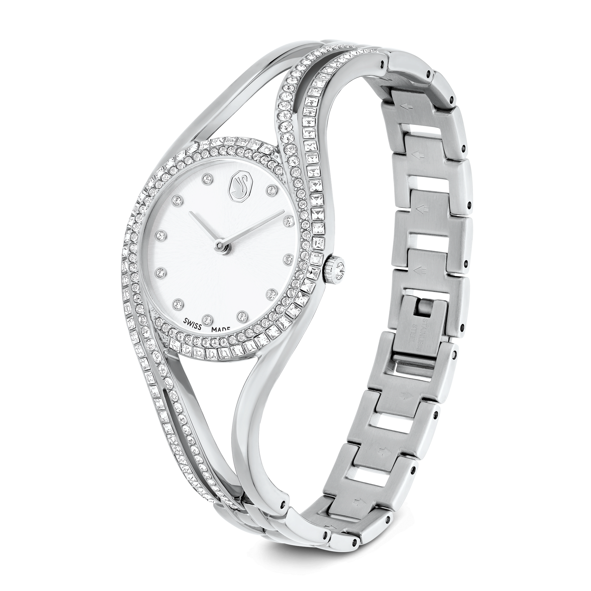 Hyperbola bangle watch, Swiss Made, Metal bracelet, Silver tone, Stainless steel
