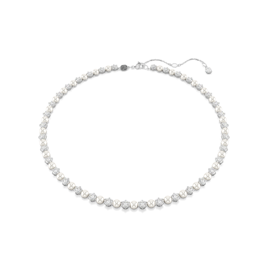 Swarovski Matrix Tennis necklace, Crystal pearl, Round cut, White, Rhodium plated
