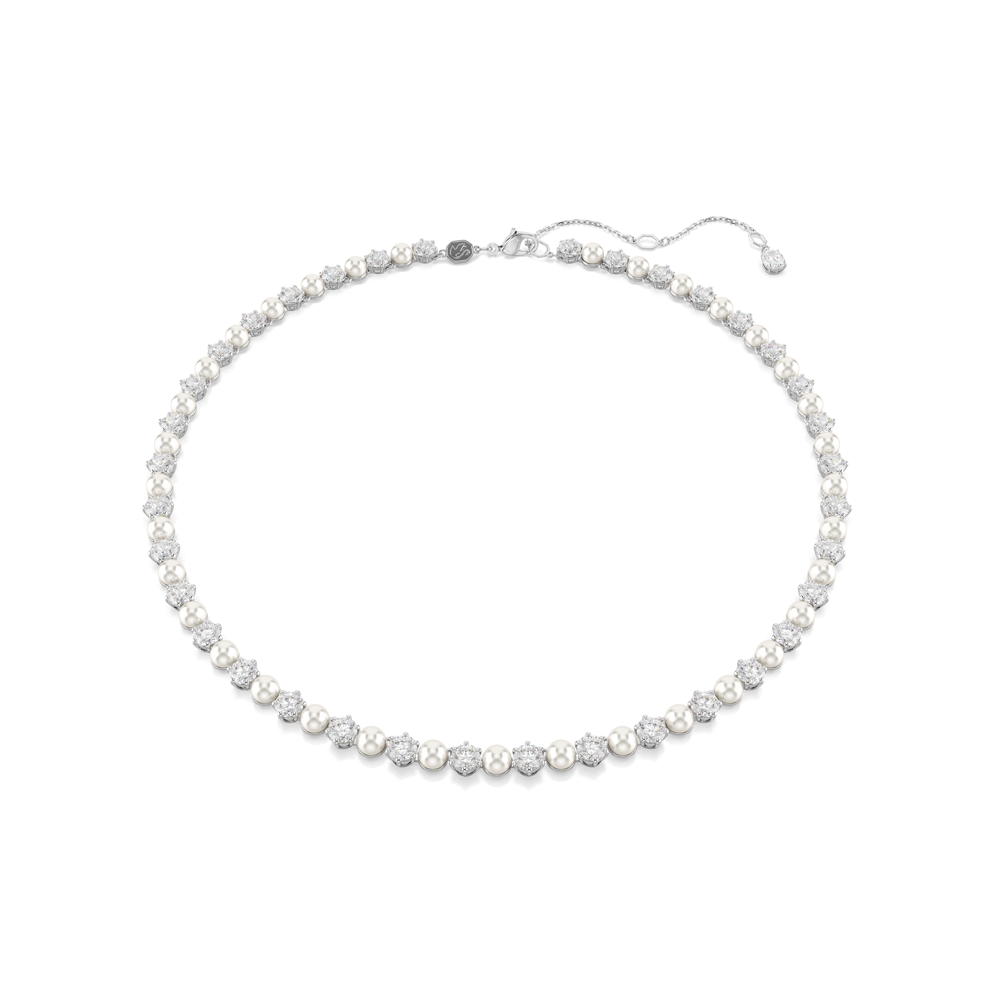 Matrix Tennis necklace, Crystal pearl, Round cut, White, Rhodium plated