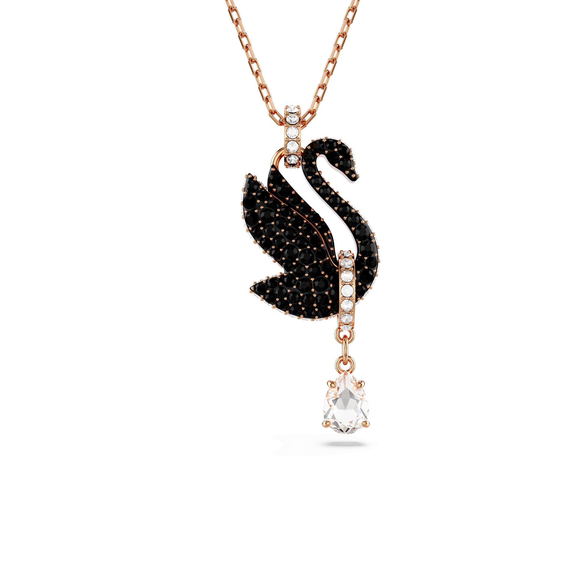 Swan pendant, Swan, Black, 18K rose gold finish
