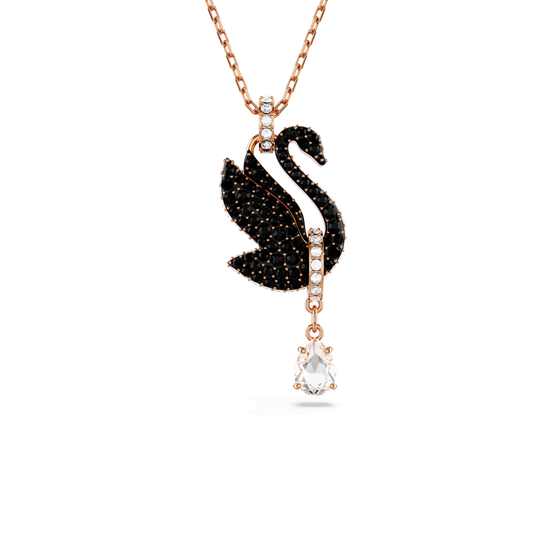 Swan pendant, Swan, Black, 18K rose gold finish