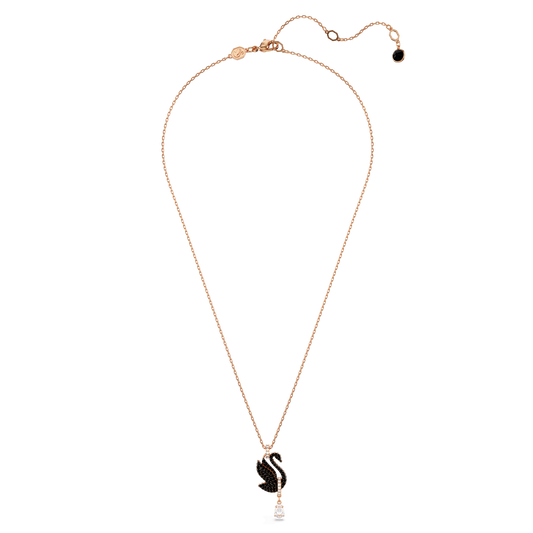 Swan pendant, Swan, Black, 18K rose gold finish