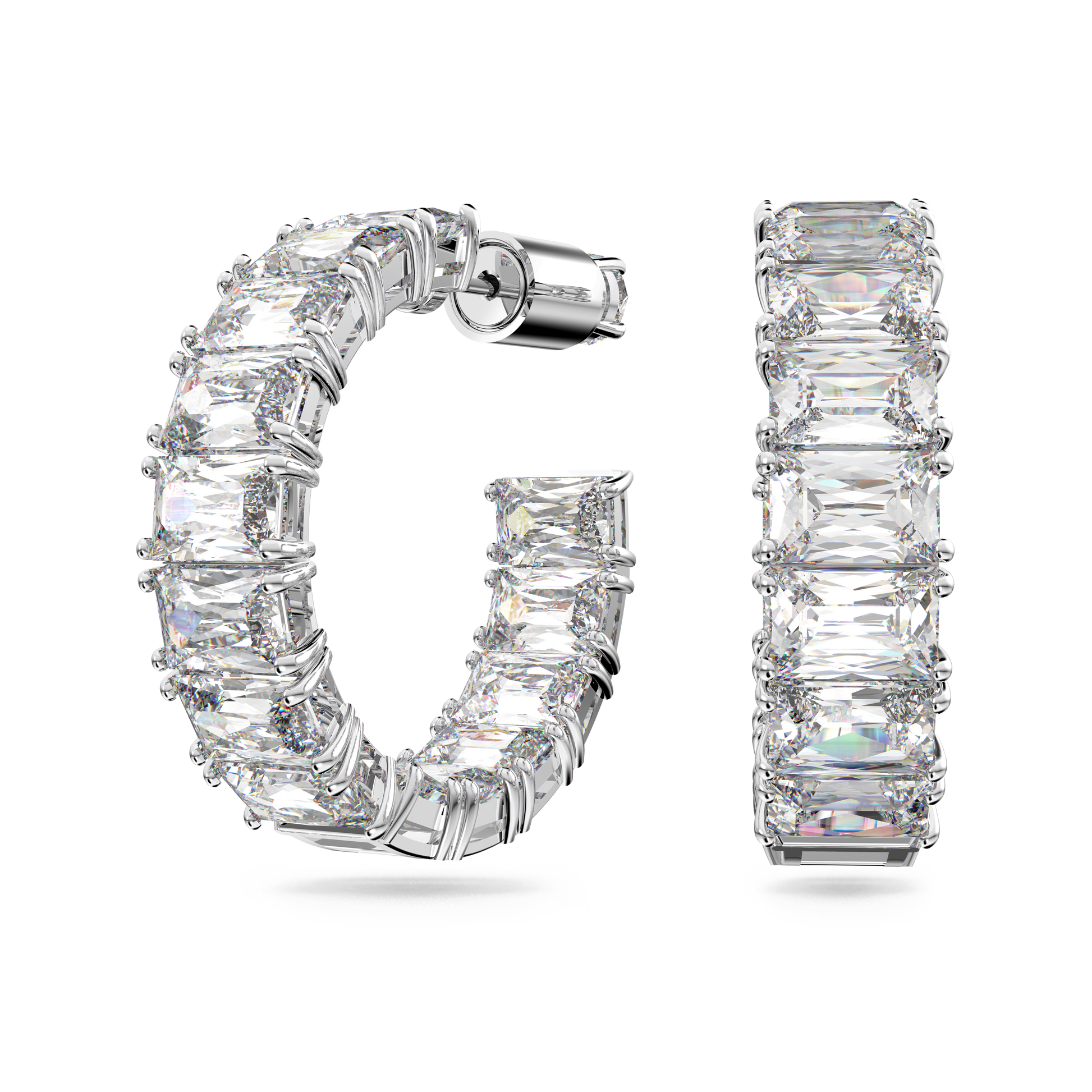 Matrix hoop earrings, Octagon cut, White, Rhodium plated