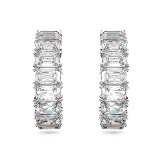 Matrix hoop earrings, Octagon cut, White, Rhodium plated