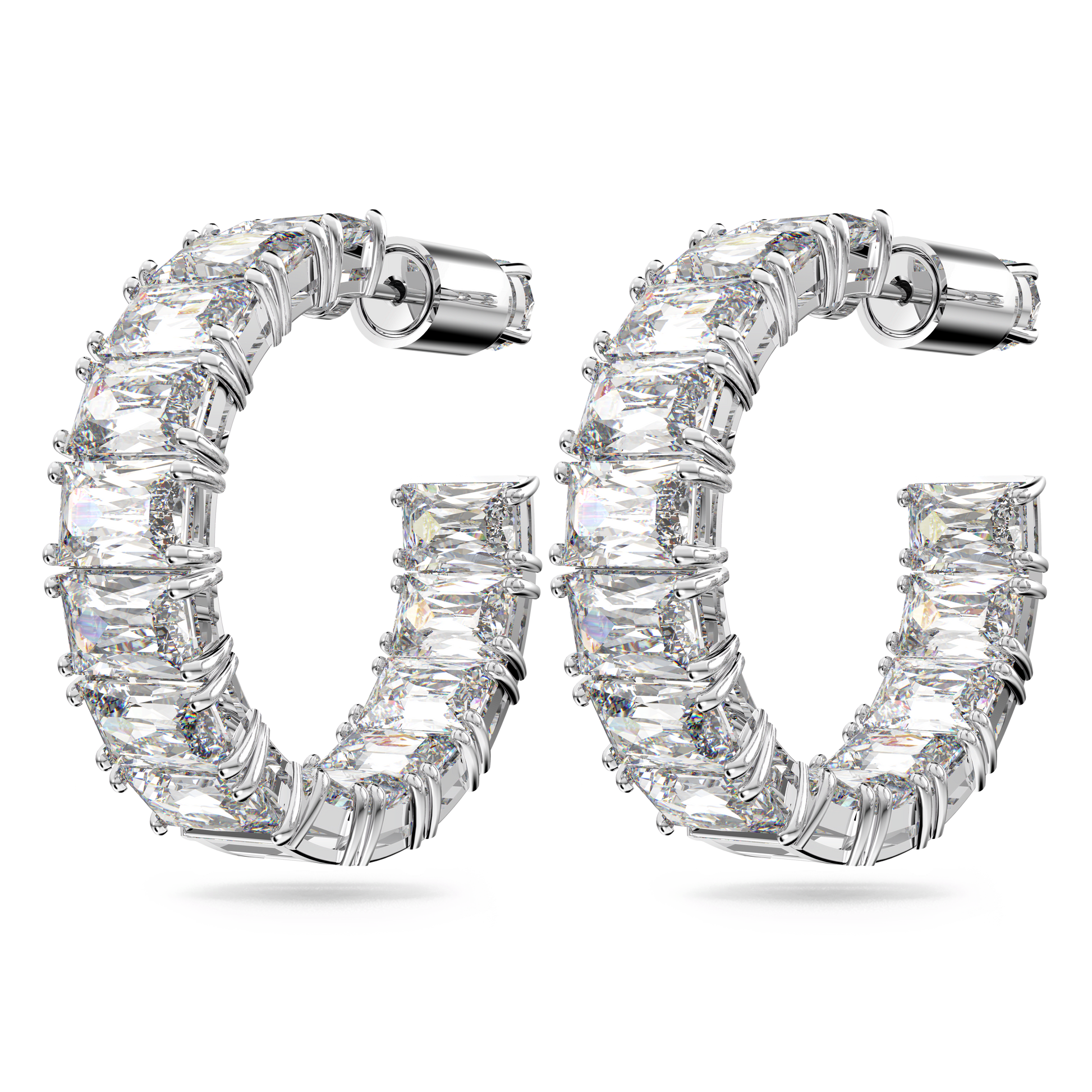 Matrix hoop earrings, Octagon cut, White, Rhodium plated